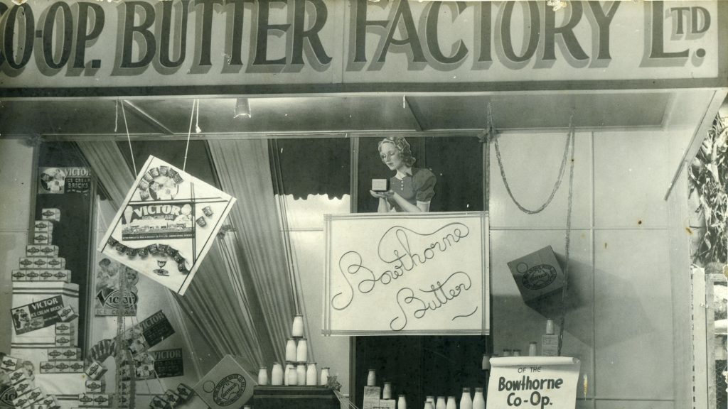 A 1936 Maitland Show exhibit featuring Bowthorne Butter Milk Cream and Victor Ice Cream, displayed with vintage typography lettering.