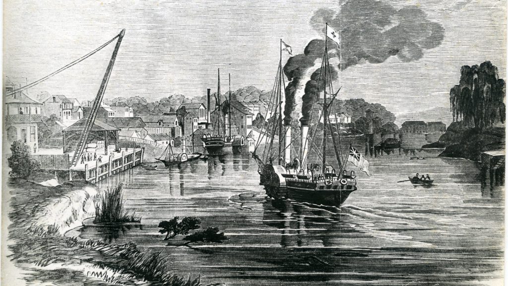 An old lithograpg of Morpeth, which was illustrated for Sydney News in 1865. A steam ship is travelling down the industrialised river.