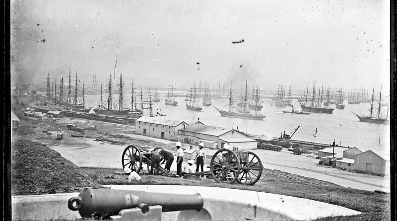 Newcastle Harbour from Fort Scratchley, Newcastle. The gun in foreground appears to be an RML 80 pounder, November 1890.