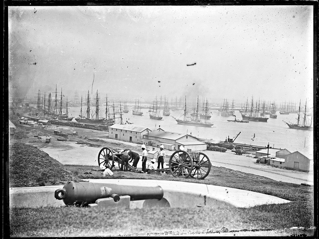 Newcastle Harbour from Fort Scratchley, Newcastle. The gun in foreground appears to be an RML 80 pounder, November 1890.